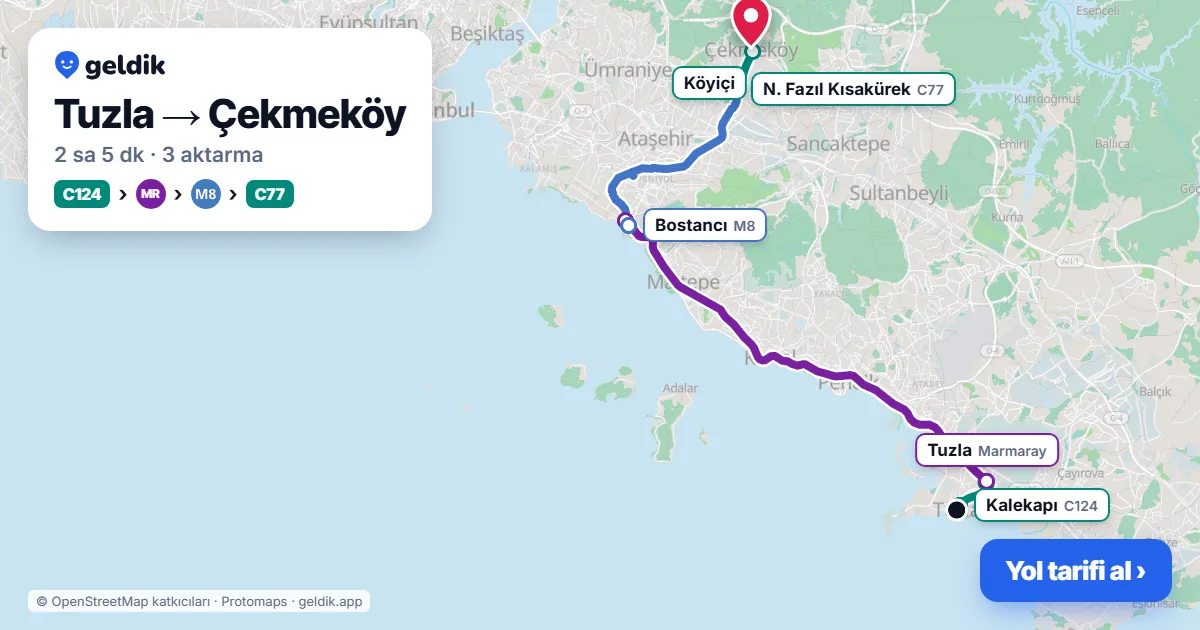Tuzla – Çekmeköy yol haritası: C124 minibüsü → Marmaray → M8 → C77 minibüsü ile ~2 sa 5 dk