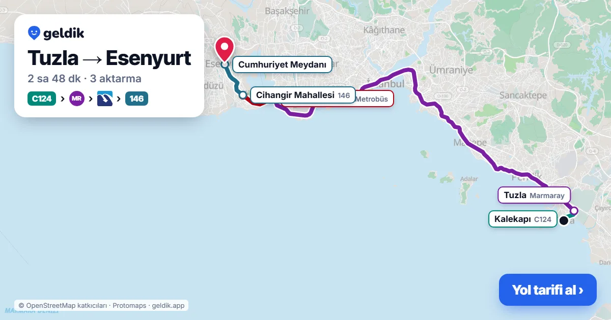 Tuzla – Esenyurt yol haritası: C124 minibüsü → Marmaray → Metrobüs → 146 otobüsü ile ~2 sa 46 dk