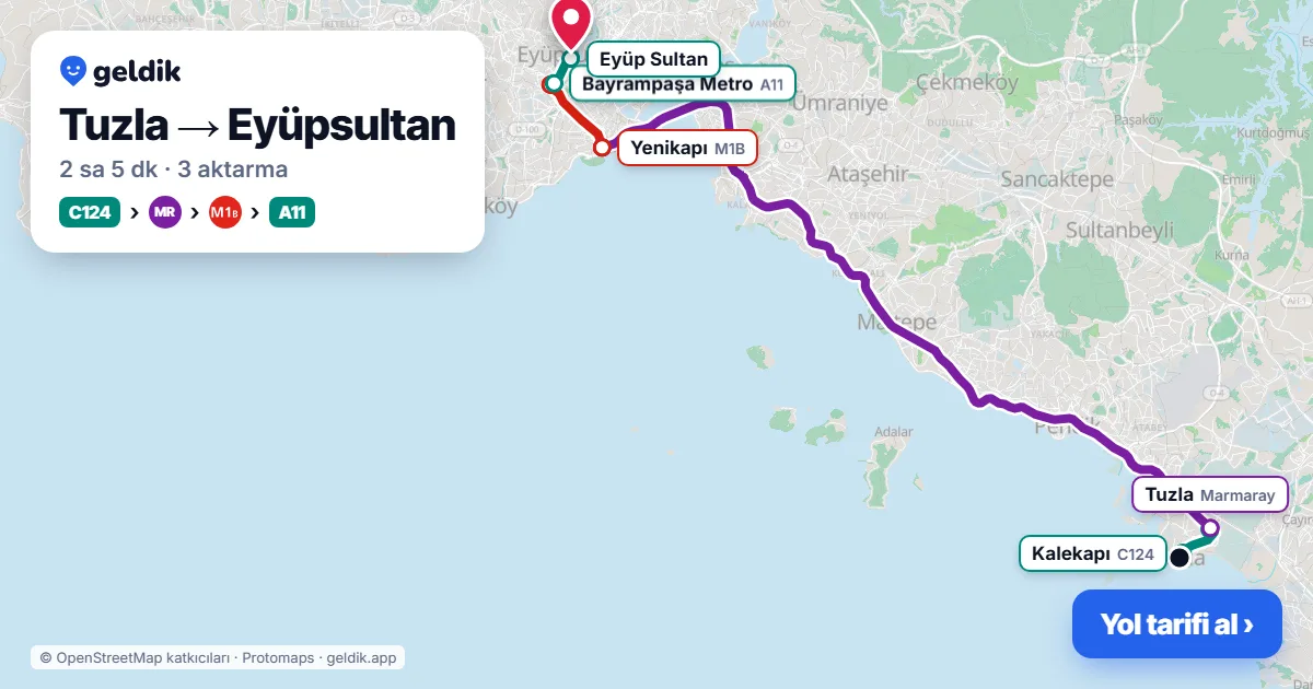 Tuzla – Eyüpsultan yol haritası: C124 minibüsü → Marmaray → M1B → A11 minibüsü ile ~2 sa 5 dk