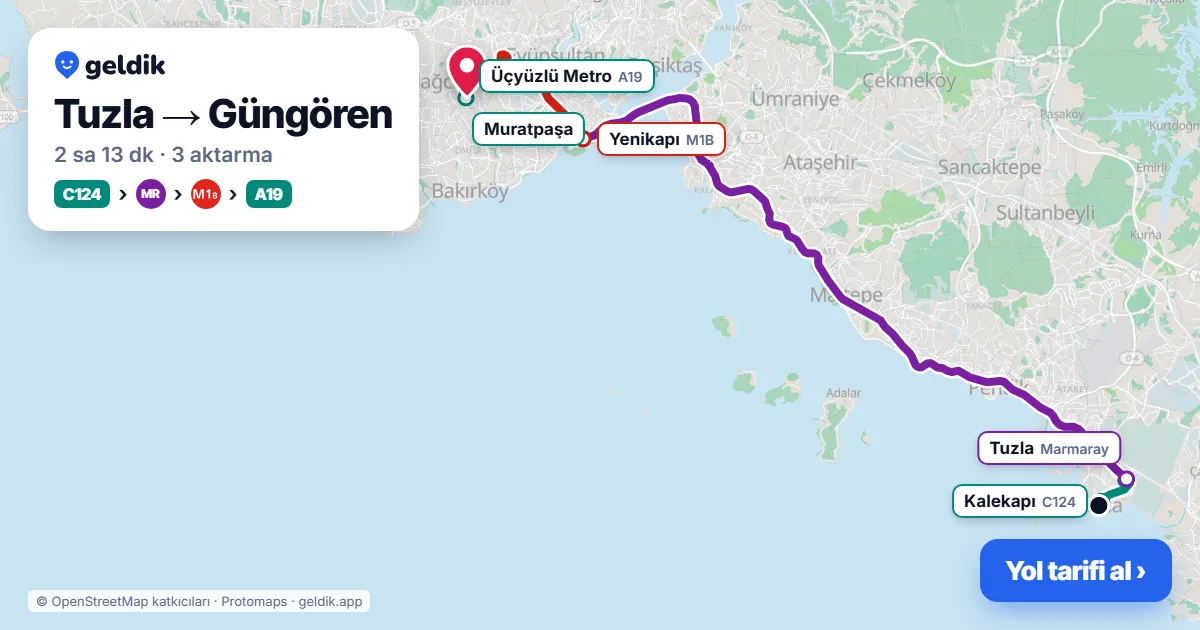 Tuzla – Güngören yol haritası: C124 minibüsü → Marmaray → M1B → A19 minibüsü ile ~2 sa 13 dk