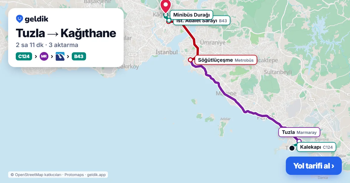 Tuzla – Kağıthane yol haritası: C124 minibüsü → Marmaray → Metrobüs → B43 minibüsü ile ~2 sa 11 dk