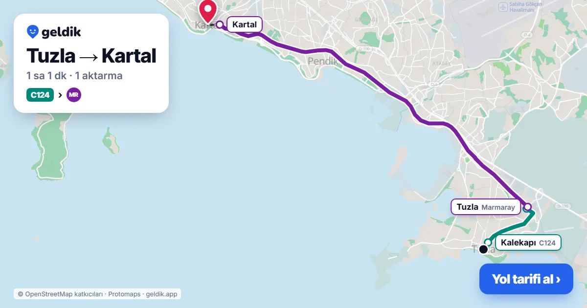 Tuzla – Kartal yol haritası: C124 minibüsü → Marmaray ile ~1 sa 1 dk