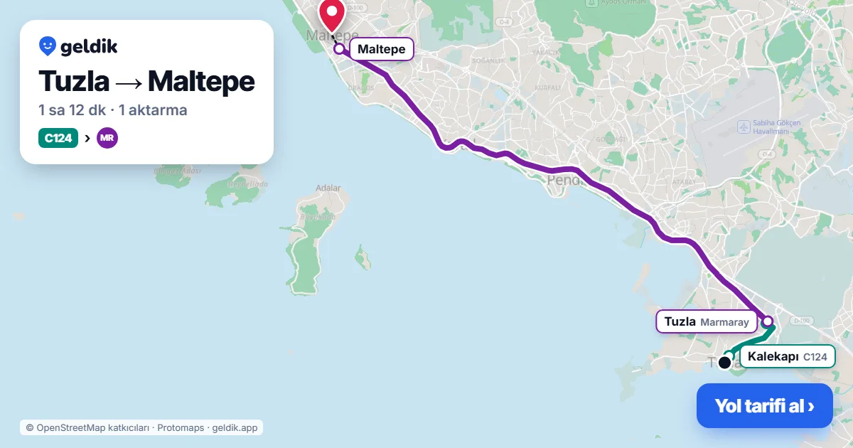 Tuzla – Maltepe yol haritası: C124 minibüsü → Marmaray ile ~1 sa 12 dk