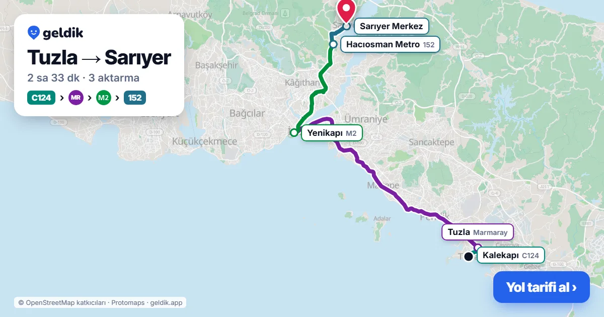 Tuzla – Sarıyer yol haritası: C124 minibüsü → Marmaray → M2 → 152 otobüsü ile ~2 sa 33 dk
