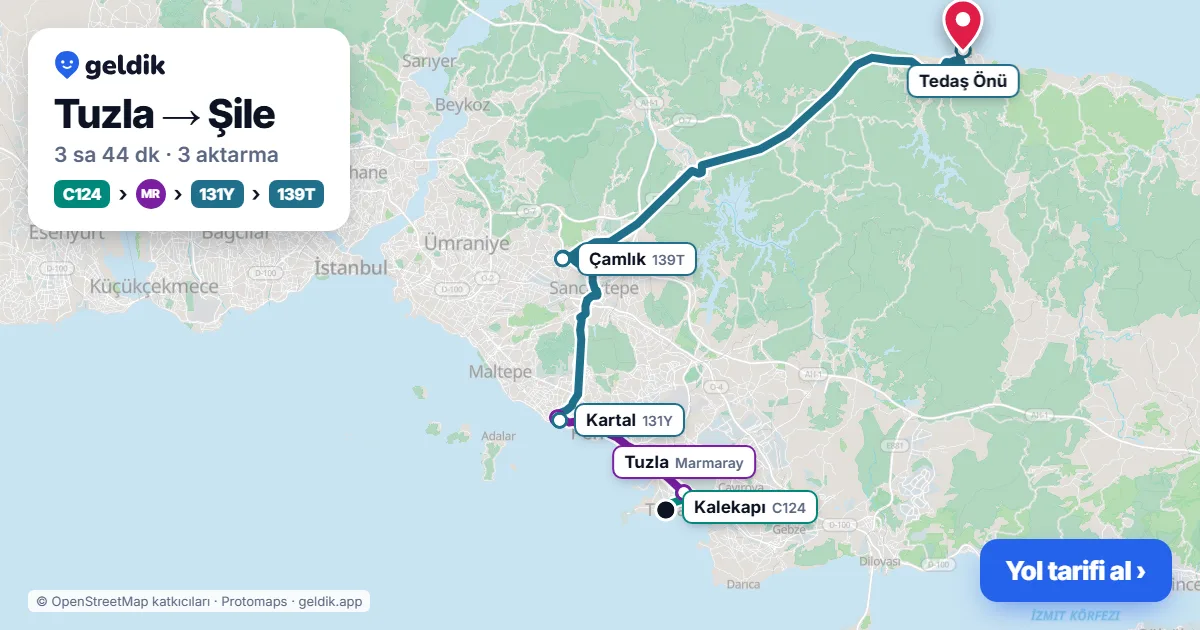 Tuzla – Şile yol haritası: C124 minibüsü → Marmaray → 131Y otobüsü → 139T otobüsü ile ~3 sa 44 dk