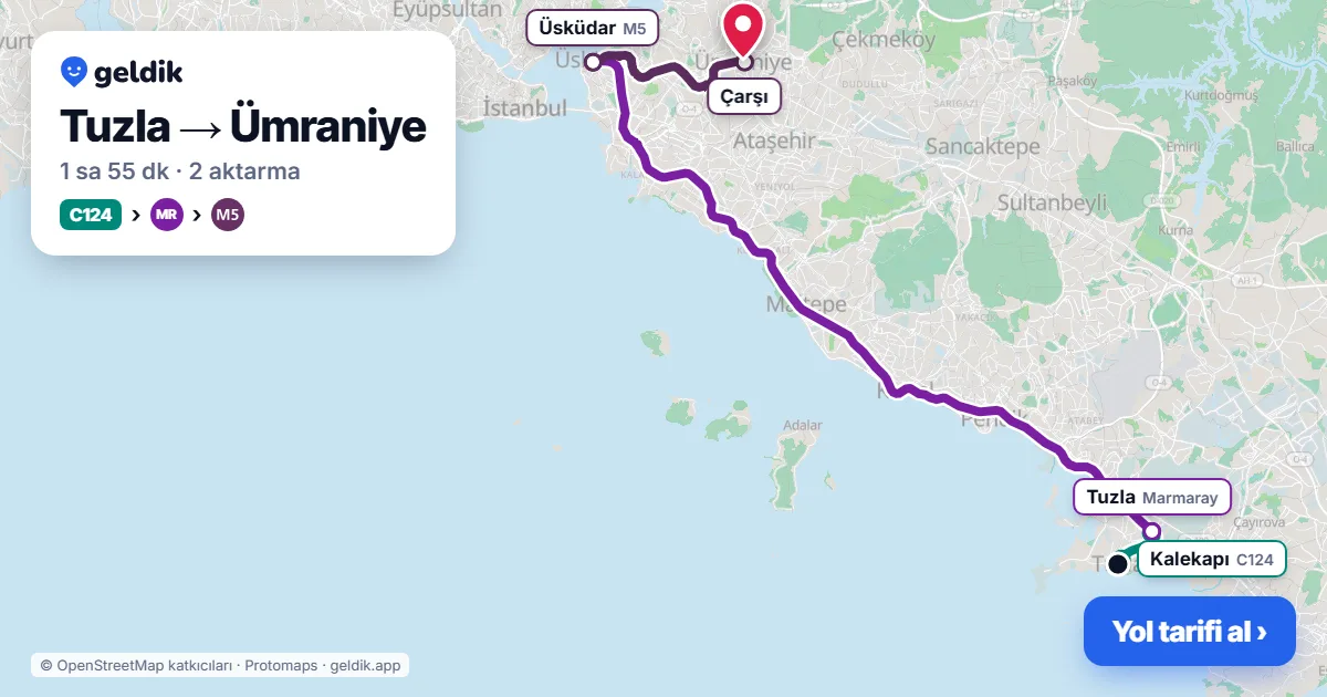 Tuzla – Ümraniye yol haritası: C124 minibüsü → Marmaray → M5 ile ~1 sa 55 dk