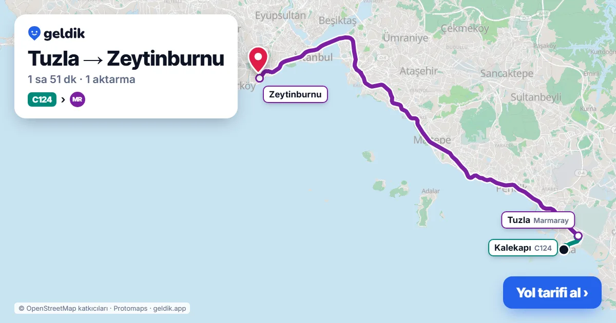 Tuzla – Zeytinburnu yol haritası: C124 minibüsü → Marmaray ile ~1 sa 51 dk