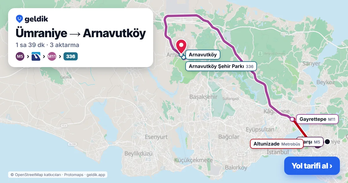 Ümraniye – Arnavutköy yol haritası: M5 → Metrobüs → M11 → 336 otobüsü ile ~1 sa 39 dk