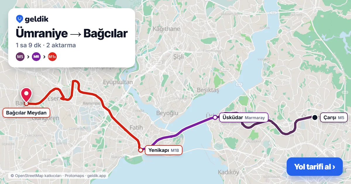 Ümraniye – Bağcılar yol haritası: M5 → Marmaray → M1B ile ~1 sa 9 dk