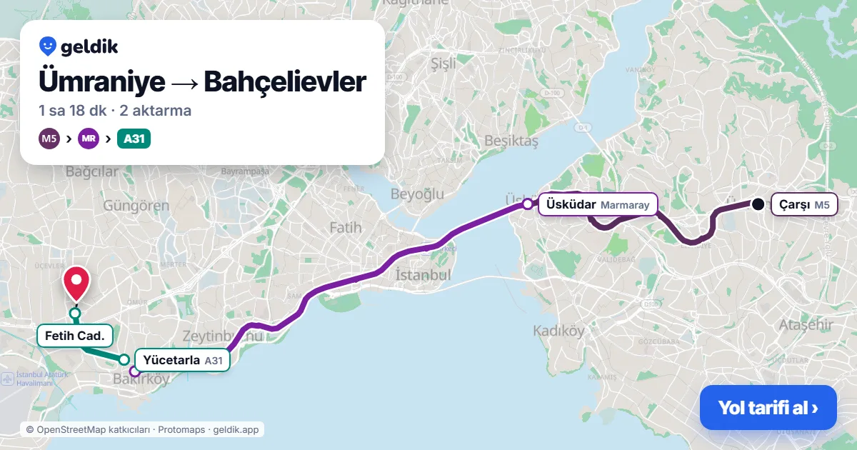 Ümraniye – Bahçelievler yol haritası: M5 → Marmaray → A31 minibüsü ile ~1 sa 18 dk