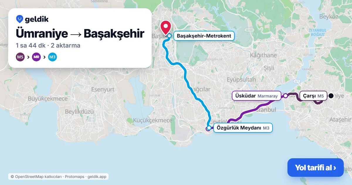 Ümraniye – Başakşehir yol haritası: M5 → Marmaray → M3 ile ~1 sa 44 dk