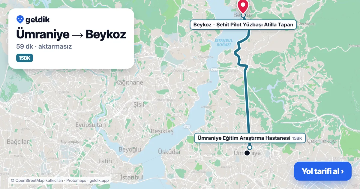 Ümraniye – Beykoz yol haritası: 15BK otobüsü ile ~59 dk