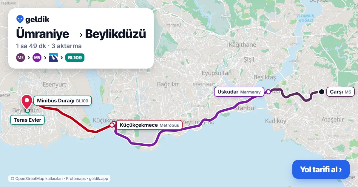 Ümraniye – Beylikdüzü yol haritası: M5 → Marmaray → Metrobüs → BL109 minibüsü ile ~1 sa 49 dk