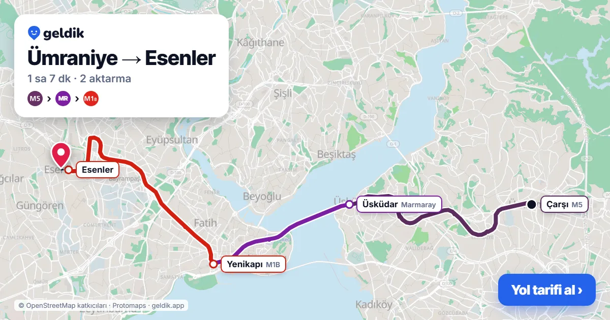 Ümraniye – Esenler yol haritası: M5 → Marmaray → M1B ile ~1 sa 7 dk