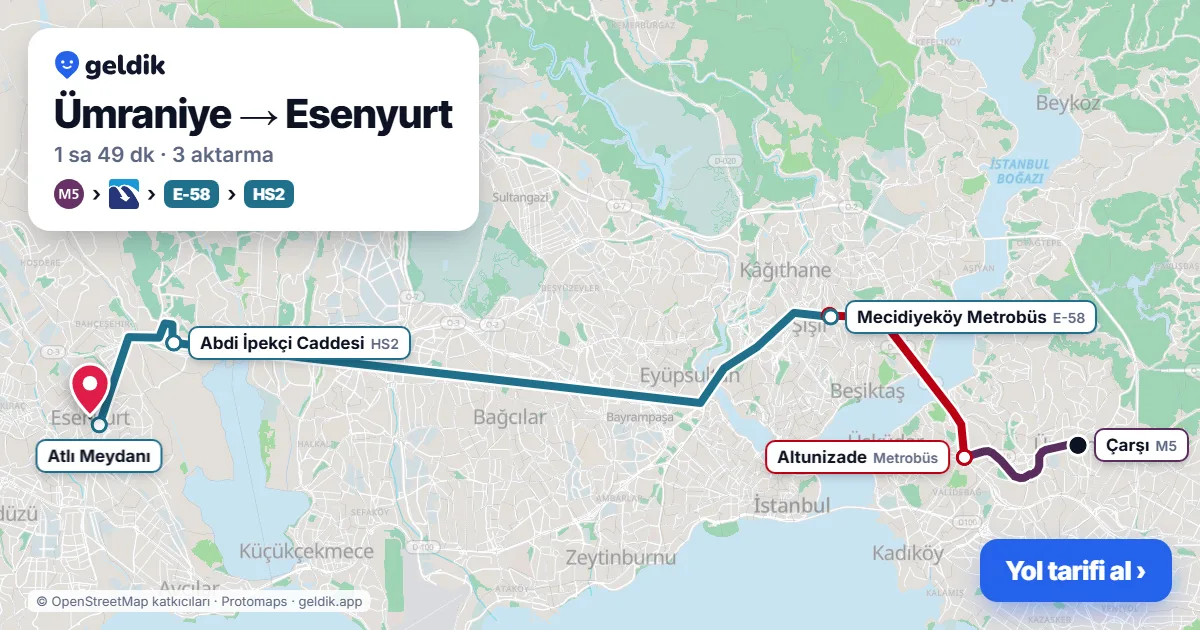 Ümraniye – Esenyurt yol haritası: M5 → Metrobüs → E-58 otobüsü → HS2 otobüsü ile ~1 sa 49 dk