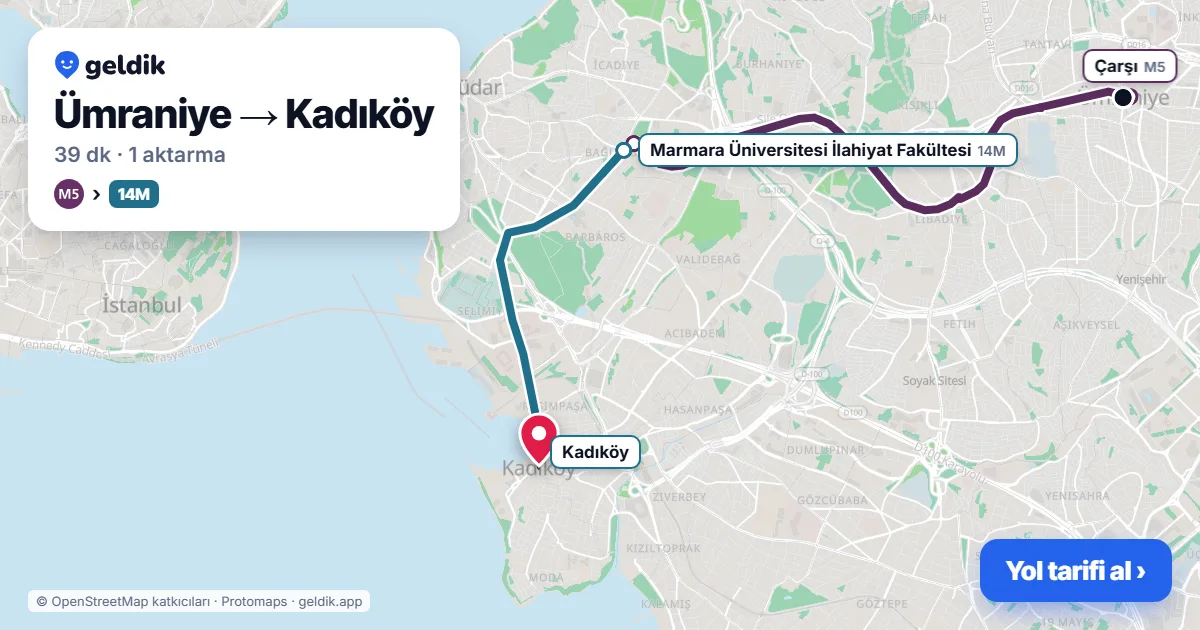 Ümraniye – Kadıköy yol haritası: M5 → 14M otobüsü ile ~39 dk