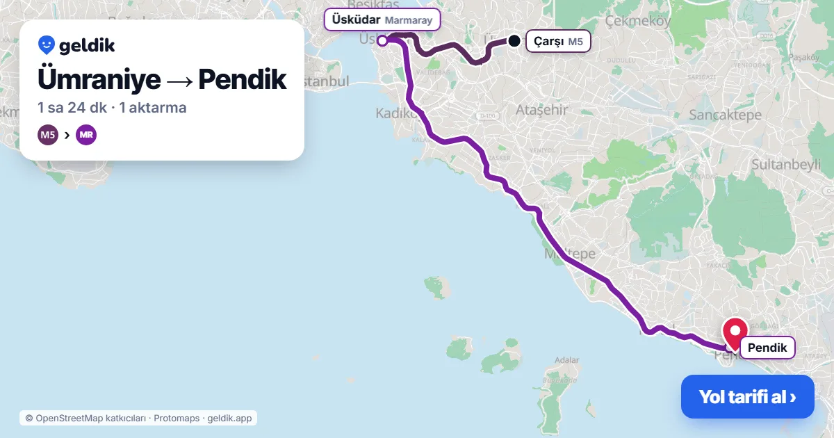 Ümraniye – Pendik yol haritası: M5 → Marmaray ile ~1 sa 24 dk