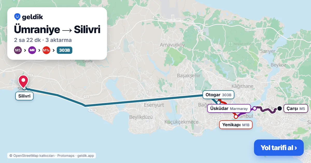 Ümraniye – Silivri yol haritası: M5 → Marmaray → M1B → 303B otobüsü ile ~2 sa 22 dk