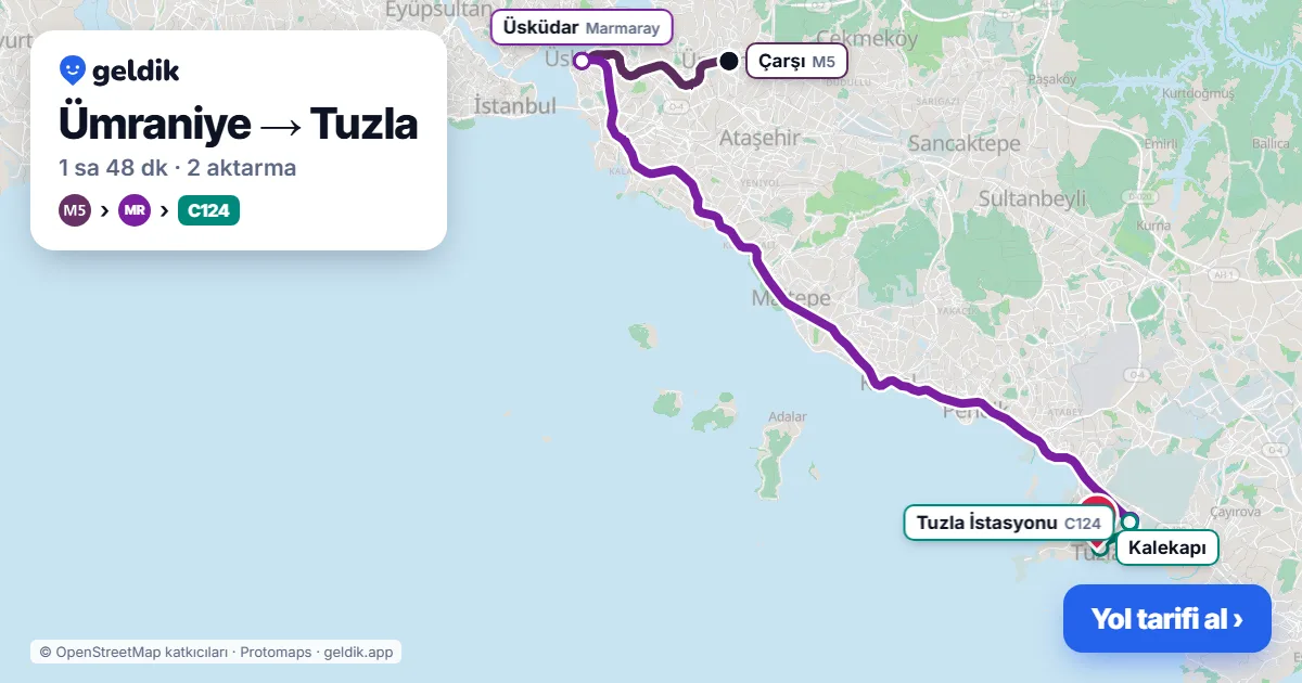 Ümraniye – Tuzla yol haritası: M5 → Marmaray → C124 minibüsü ile ~1 sa 48 dk