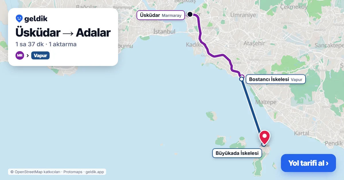 Üsküdar – Adalar yol haritası: Marmaray → vapur ile ~1 sa 37 dk