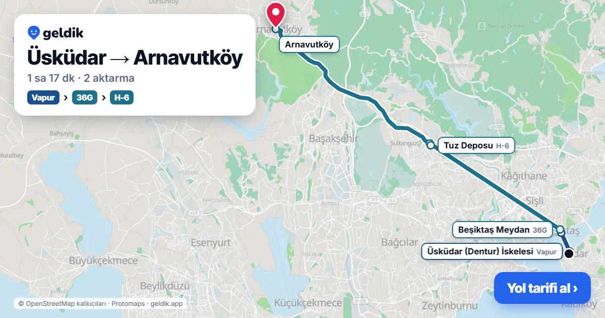 Üsküdar – Arnavutköy yol haritası: vapur → 36G otobüsü → H-6 otobüsü ile ~1 sa 17 dk