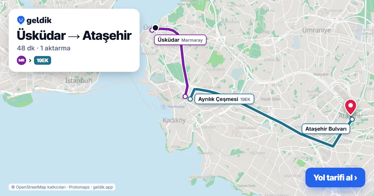 Üsküdar – Ataşehir yol haritası: Marmaray → 19EK otobüsü ile ~48 dk