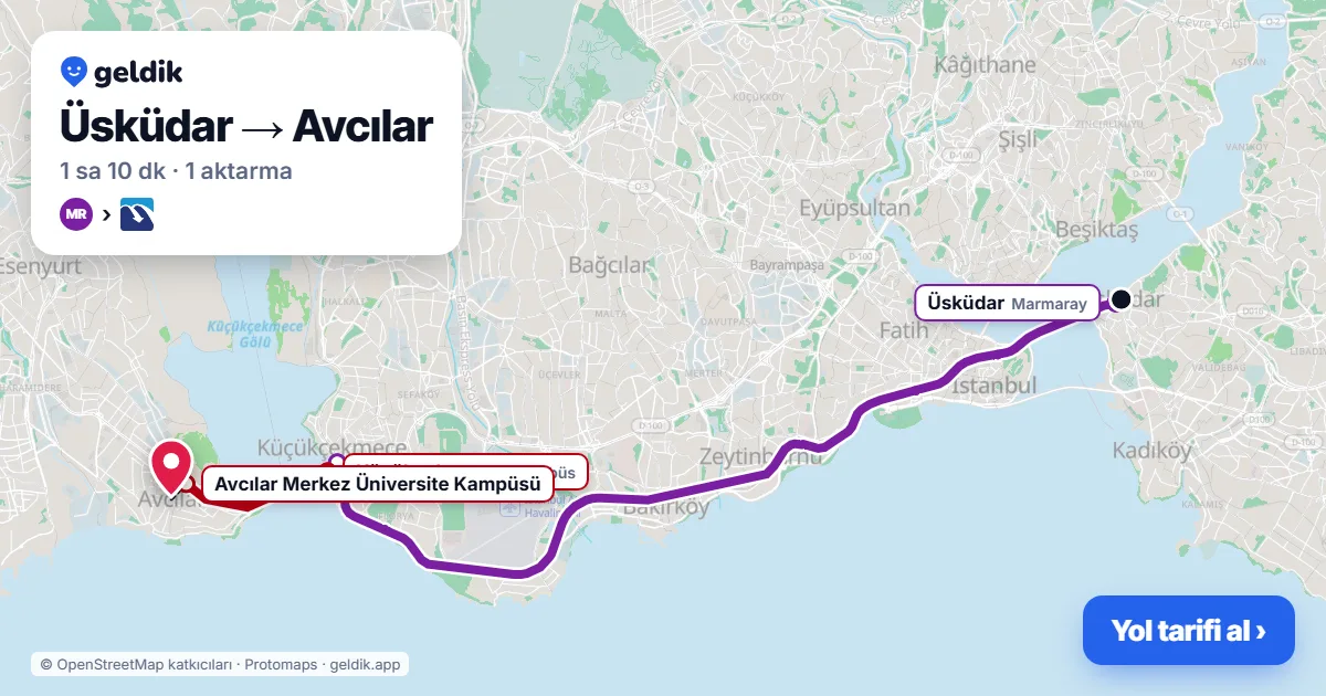 Üsküdar – Avcılar yol haritası: Marmaray → Metrobüs ile ~1 sa 10 dk
