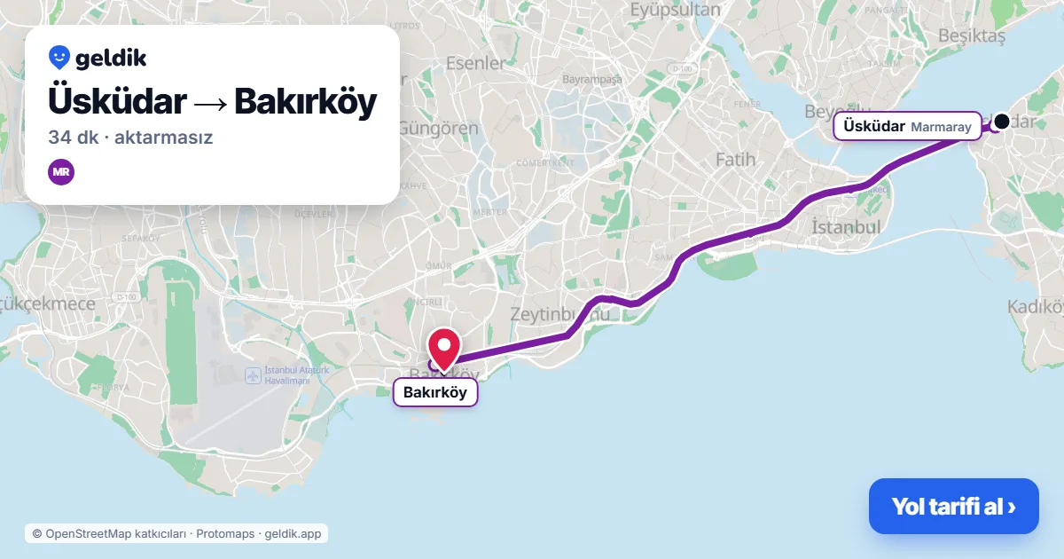Üsküdar – Bakırköy yol haritası: Marmaray ile ~34 dk