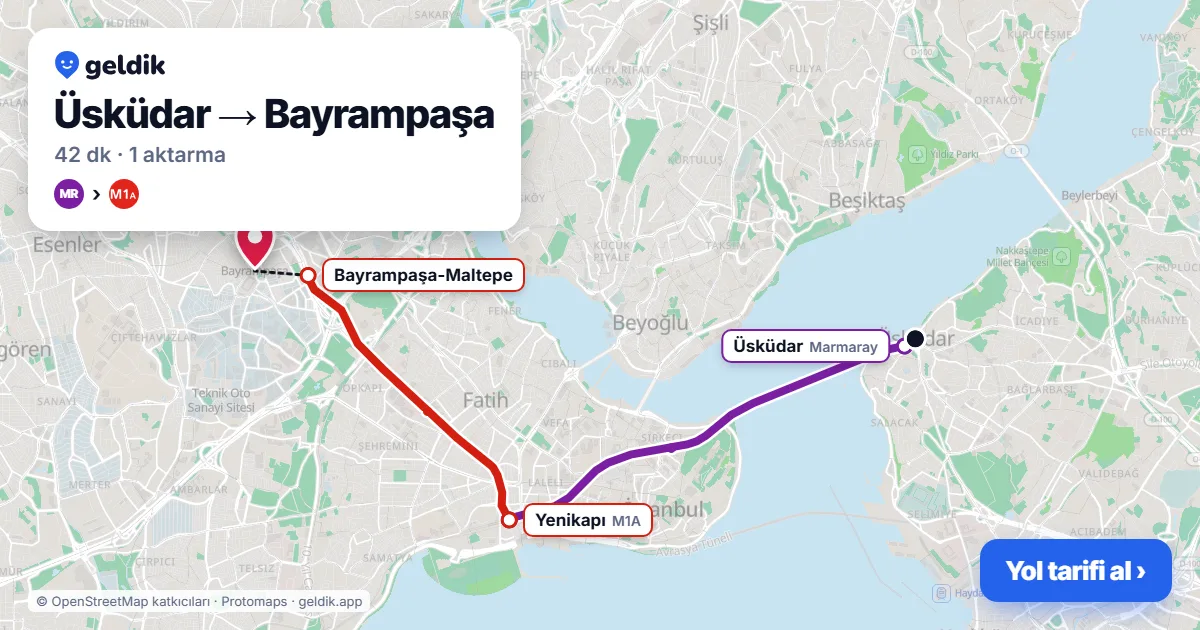 Üsküdar – Bayrampaşa yol haritası: Marmaray → M1A ile ~42 dk