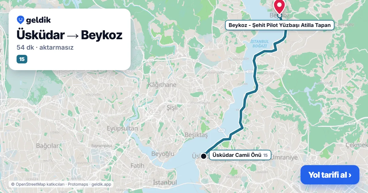 Üsküdar – Beykoz yol haritası: 15 otobüsü ile ~54 dk