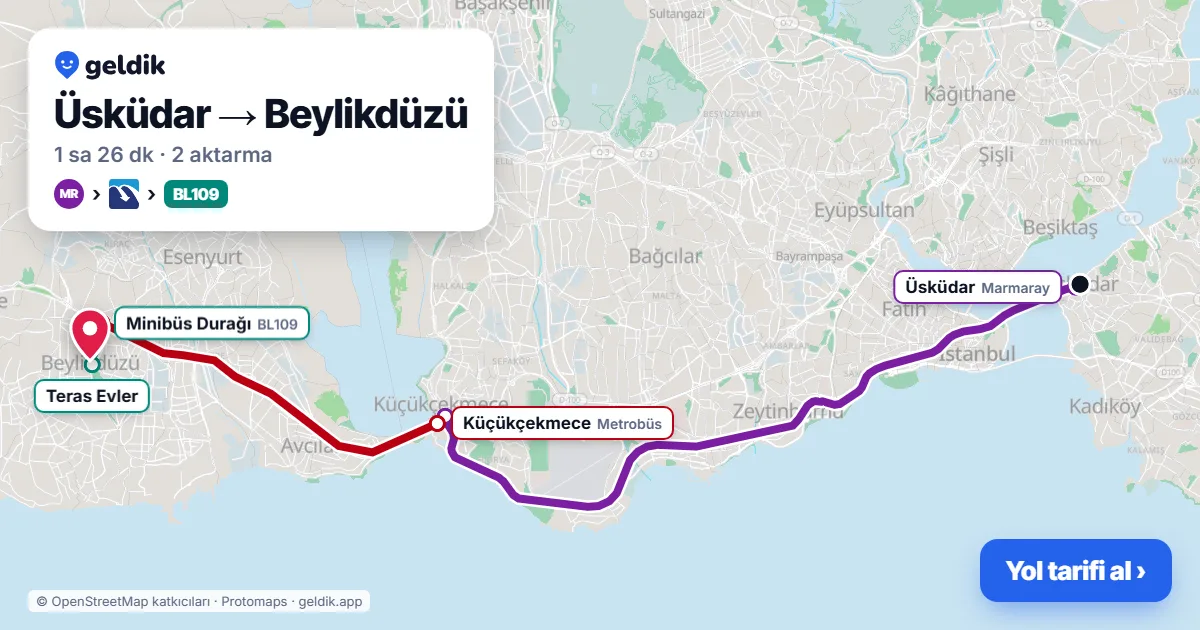 Üsküdar – Beylikdüzü yol haritası: Marmaray → Metrobüs → BL109 minibüsü ile ~1 sa 26 dk