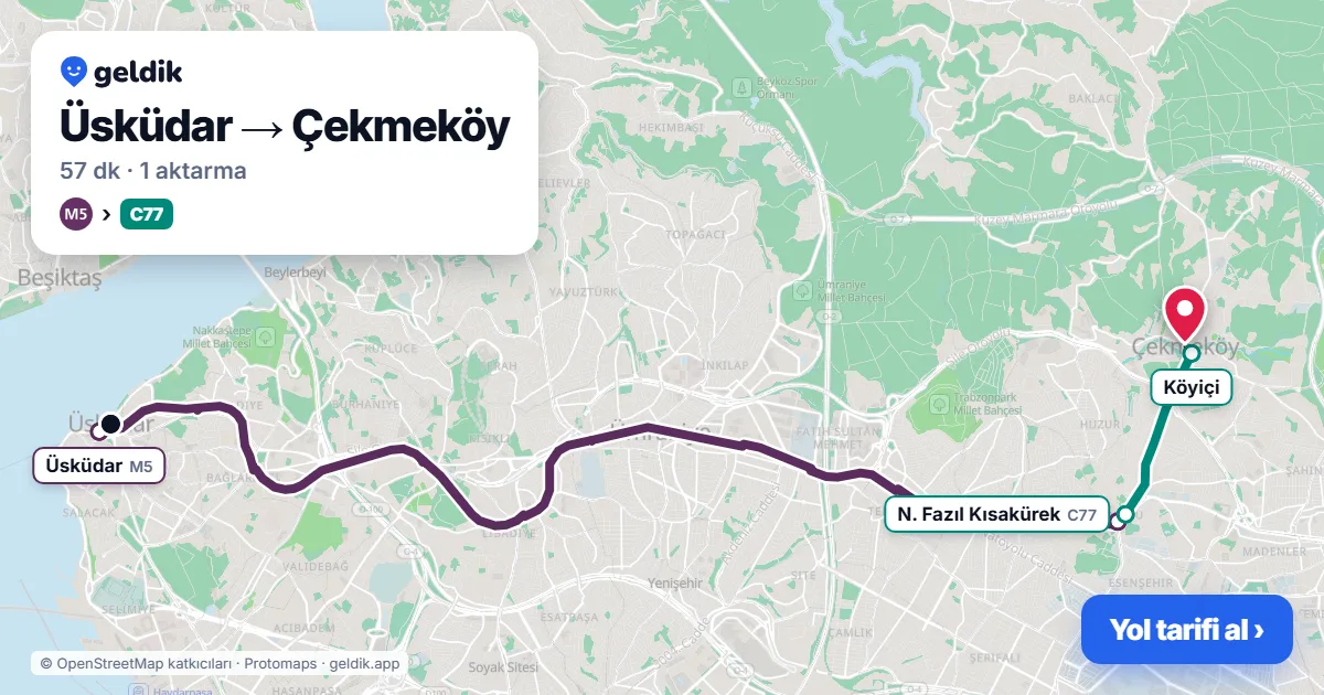 Üsküdar – Çekmeköy yol haritası: M5 → C77 minibüsü ile ~57 dk