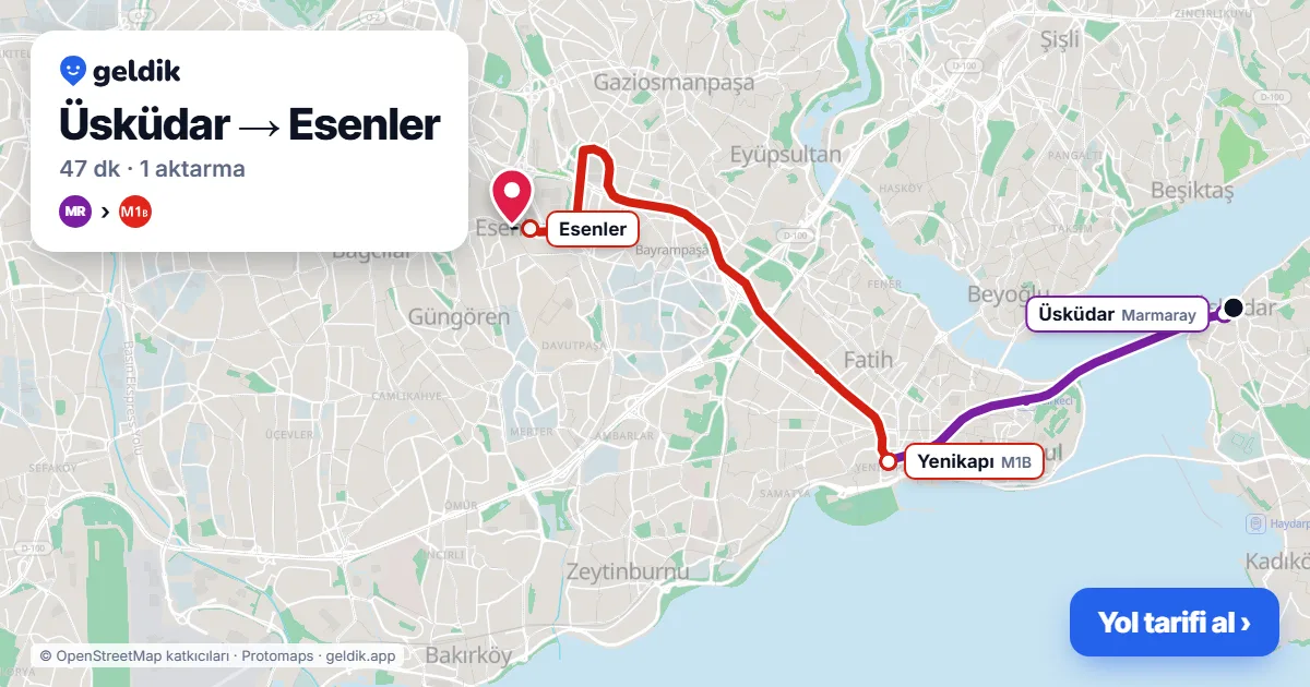 Üsküdar – Esenler yol haritası: Marmaray → M1B ile ~47 dk