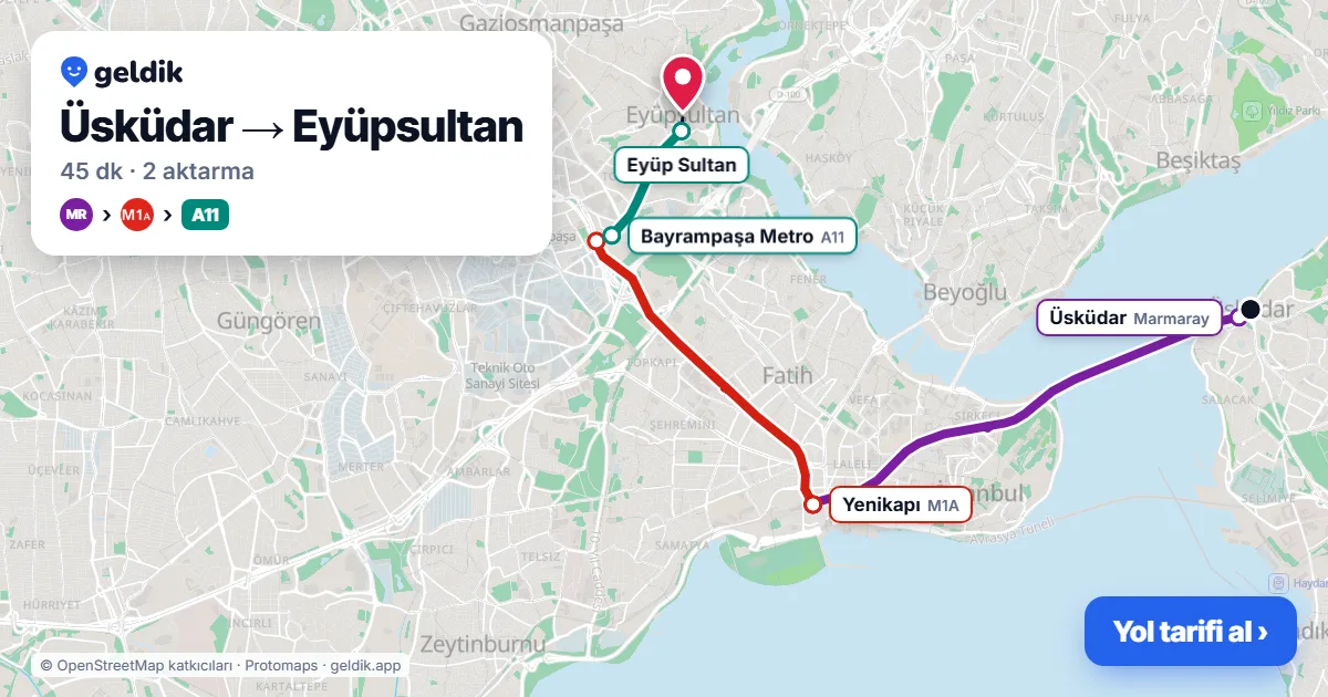 Üsküdar – Eyüpsultan yol haritası: Marmaray → M1A → A11 minibüsü ile ~45 dk
