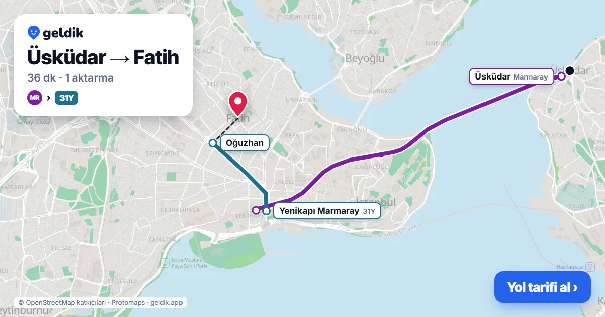 Üsküdar – Fatih yol haritası: Marmaray → 31Y otobüsü ile ~36 dk