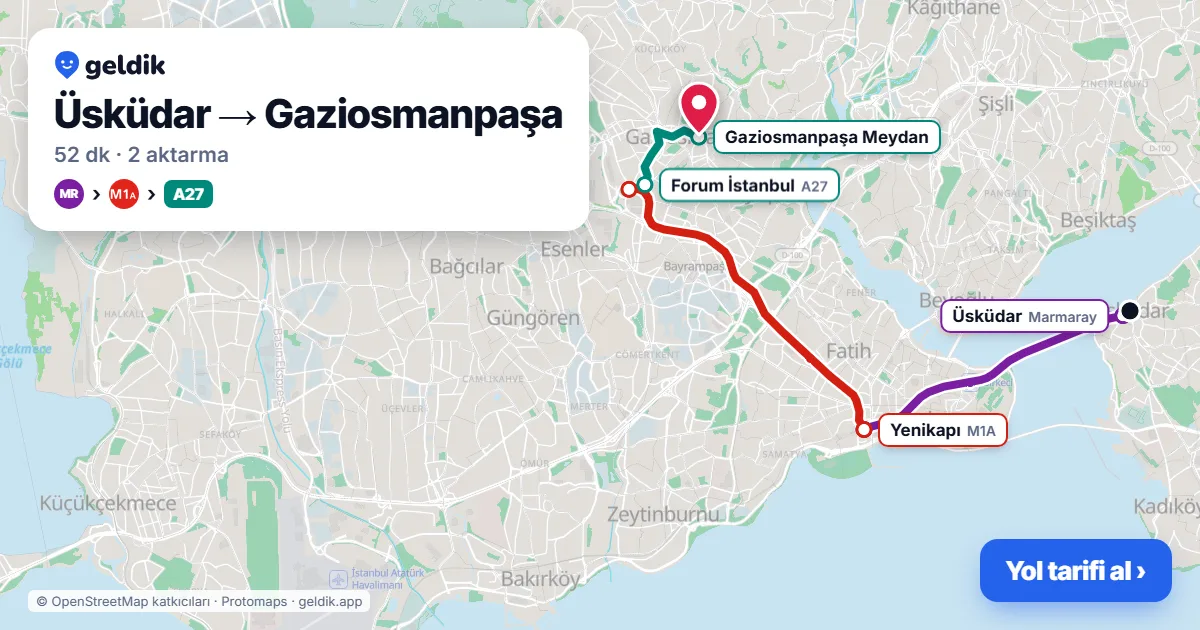 Üsküdar – Gaziosmanpaşa yol haritası: Marmaray → M1A → A27 minibüsü ile ~52 dk