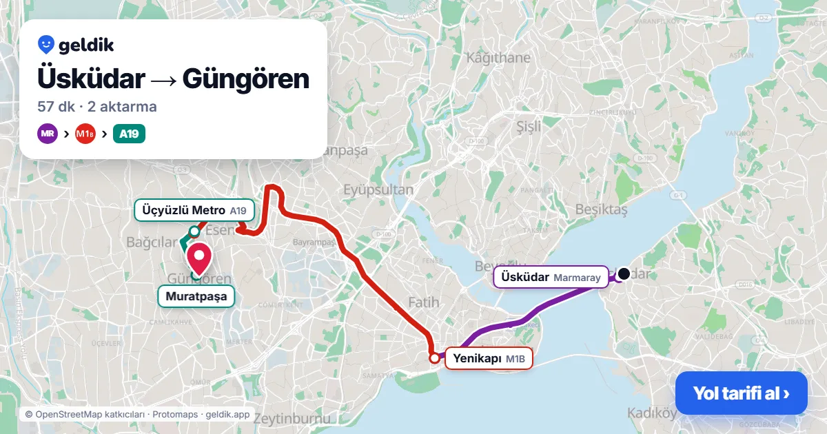 Üsküdar – Güngören yol haritası: Marmaray → M1B → A19 minibüsü ile ~57 dk
