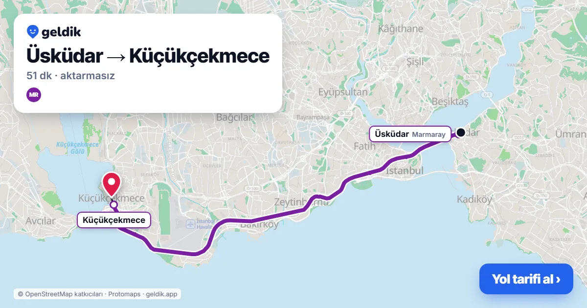 Üsküdar – Küçükçekmece yol haritası: Marmaray ile ~51 dk