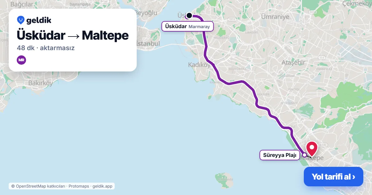 Üsküdar – Maltepe yol haritası: Marmaray ile ~48 dk