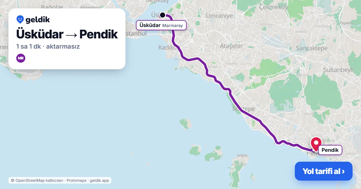 Üsküdar – Pendik yol haritası: Marmaray ile ~1 sa 1 dk