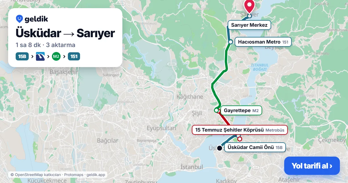 Üsküdar – Sarıyer yol haritası: 15R otobüsü → Metrobüs → M2 → 151 otobüsü ile ~1 sa 10 dk