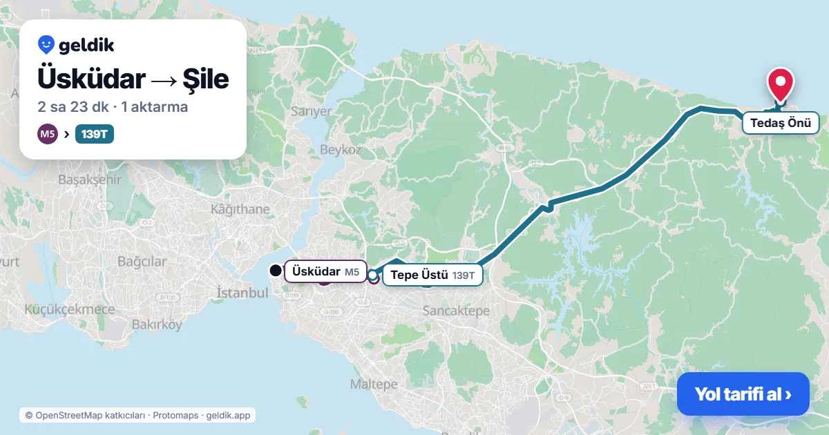 Üsküdar – Şile yol haritası: M5 → 139T otobüsü ile ~2 sa 23 dk