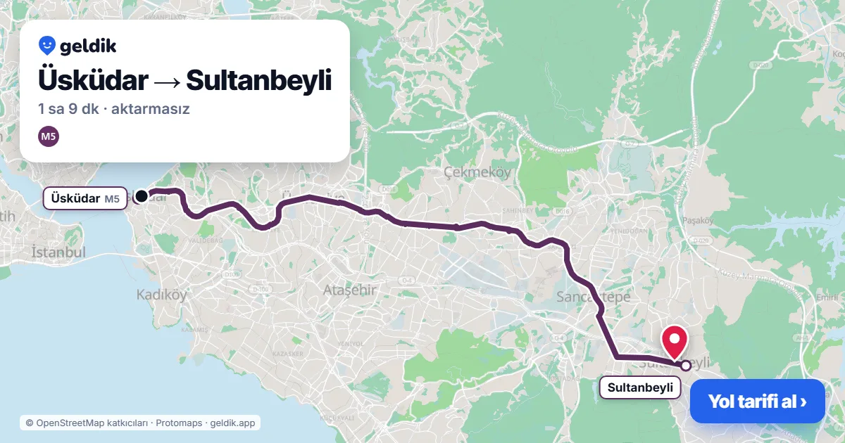 Üsküdar – Sultanbeyli yol haritası: M5 ile ~1 sa 9 dk