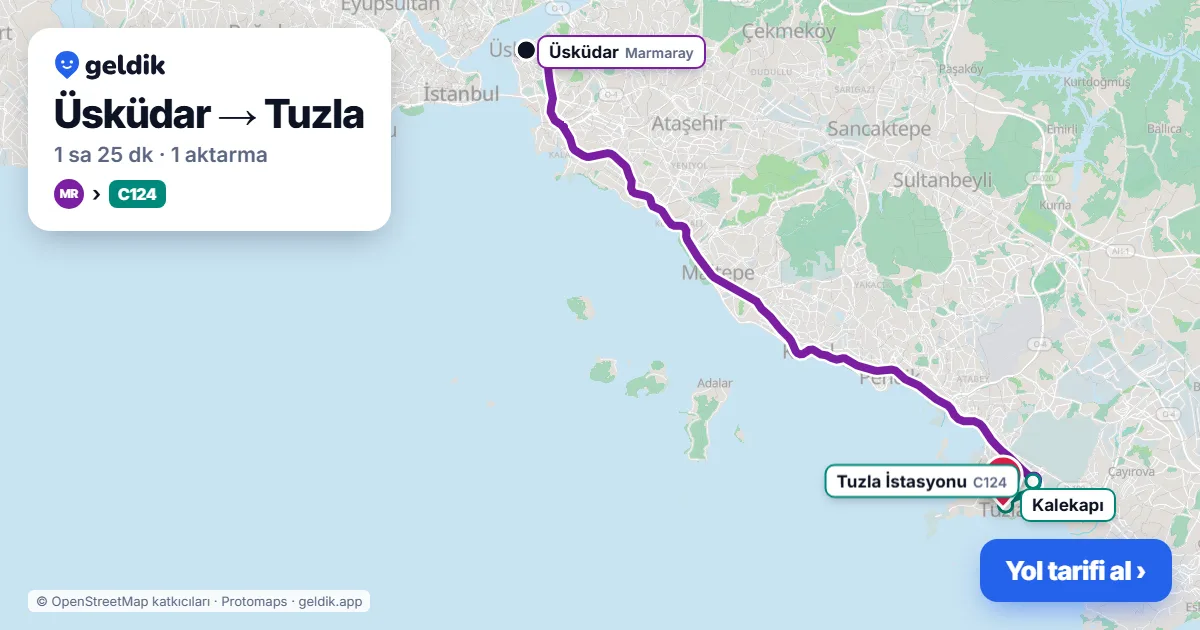 Üsküdar – Tuzla yol haritası: Marmaray → C124 minibüsü ile ~1 sa 25 dk
