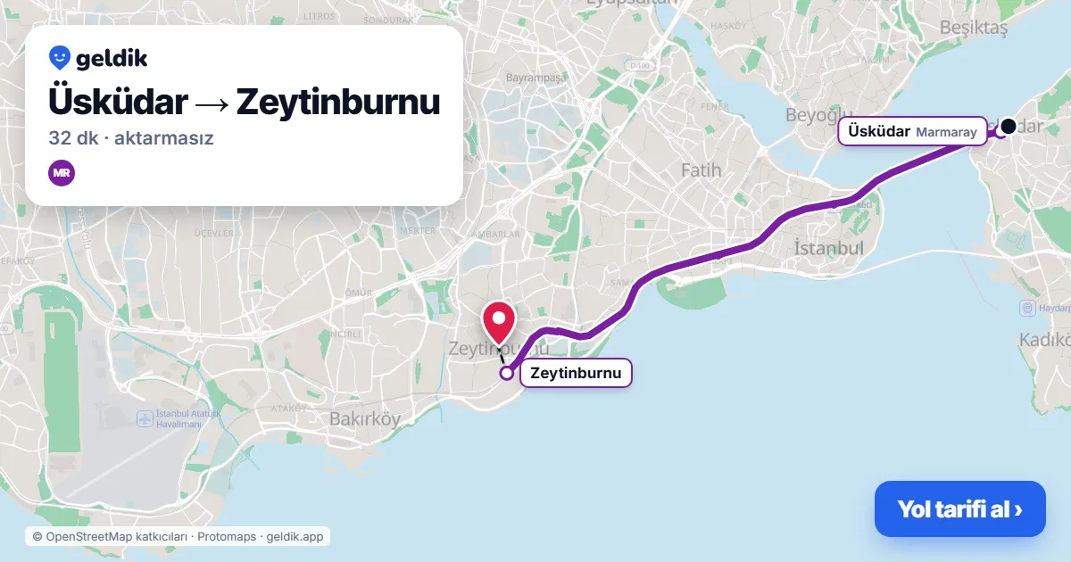 Üsküdar – Zeytinburnu yol haritası: Marmaray ile ~32 dk