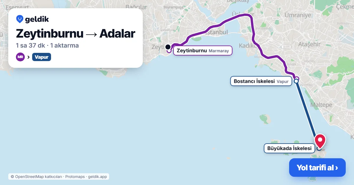 Zeytinburnu – Adalar yol haritası: Marmaray → vapur ile ~1 sa 37 dk