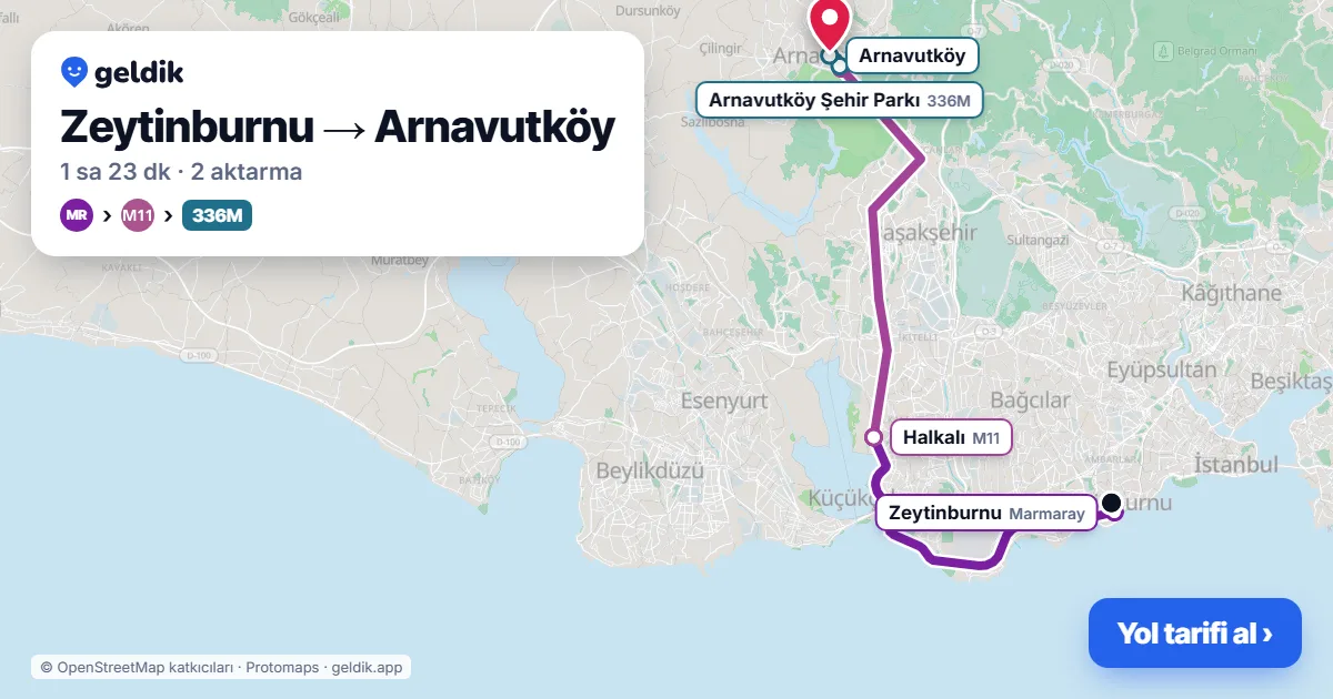 Zeytinburnu – Arnavutköy yol haritası: Marmaray → M11 → 36D otobüsü ile ~1 sa 24 dk