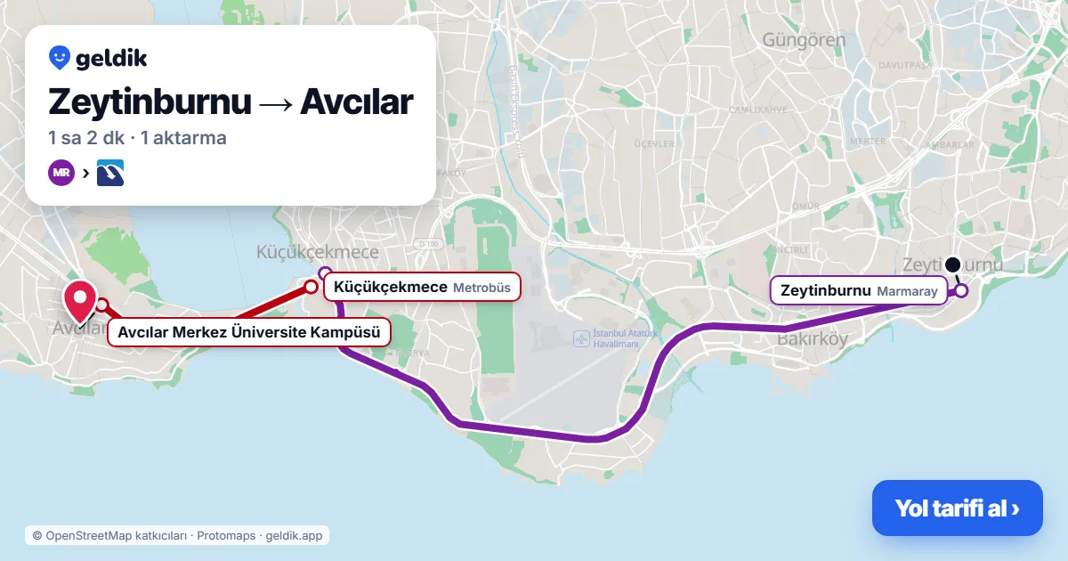 Zeytinburnu – Avcılar yol haritası: Marmaray → Metrobüs ile ~1 sa 2 dk