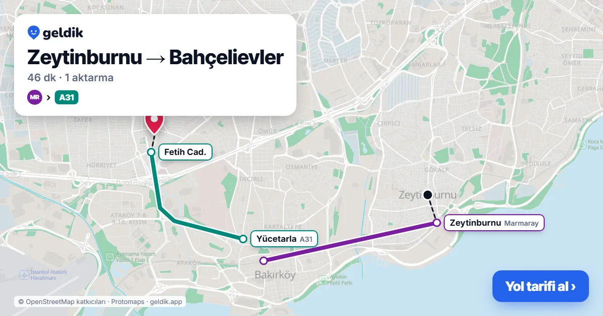 Zeytinburnu – Bahçelievler yol haritası: Marmaray → A31 minibüsü ile ~46 dk