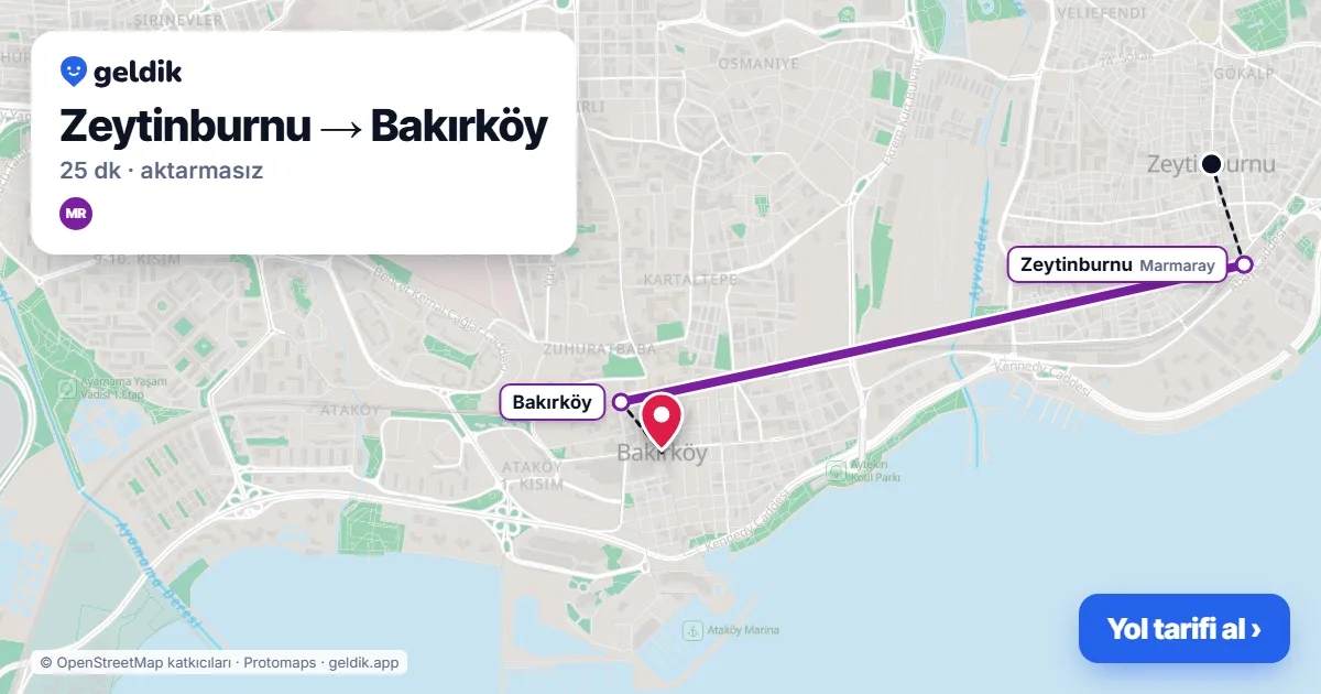 Zeytinburnu – Bakırköy yol haritası: Marmaray ile ~25 dk